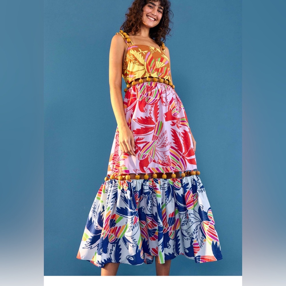 FARM Rio Mixed Color Birds With Tassels Dress Small NWOT